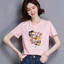 短袖t恤女夏装韩版纯棉宽松体恤简约半袖打底衫字母百搭上衣(粉红色 XL)