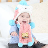 秋冬韩版儿童加绒毛线帽男童女童0-3-6-12个月婴儿围巾2件套宝宝帽子1-2岁(粉色)