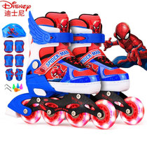 迪士尼儿童轮滑鞋套装 可调节旱冰鞋初学滑冰鞋 全闪套装L码红 国美超市甄选