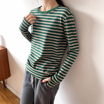 MISS LISA长袖条纹t恤女装宽松韩版T恤打底衫时尚内搭6331(绿色 S)