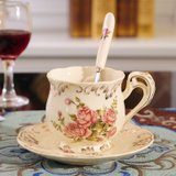 欧式陶瓷咖啡杯子套装英式下午花茶家用小奢华优雅咖啡杯高档精致(米黄~玫瑰1杯1碟1勺)