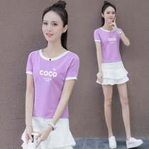 短袖T恤女ins潮夏季时尚修身显瘦高腰短款收身上衣温柔风(紫色 COCO M 70-90斤)