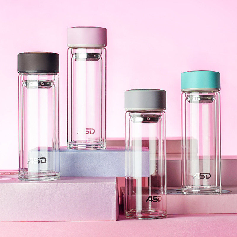 爱仕达玻璃杯水杯双层加厚隔热男女士便携办公透明泡茶杯子320ml活力