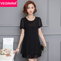 VEGININA 显瘦时尚拼接雪纺连衣裙短袖 9534(黑色 XL)