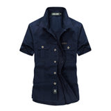 夏装新款战地吉普AFS JEEP纯棉尖领短袖衬衫8808男士半袖大码衬衣(深蓝色 XL)