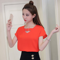 2018春夏季新款女装韩版大码V领圆环短袖雪纺衫上衣小衫(红色)