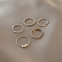 倾欣 珍珠五件套戒指精致轻奢小众设计ins潮2021年新款潮个性气质食指(银色 默认版本)