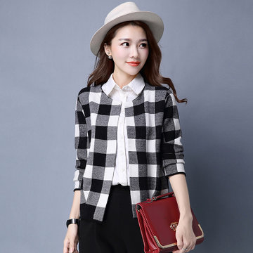 针织衫女开衫女长袖格子女式毛衣女外套(白色 xl)【图片 价格 品牌