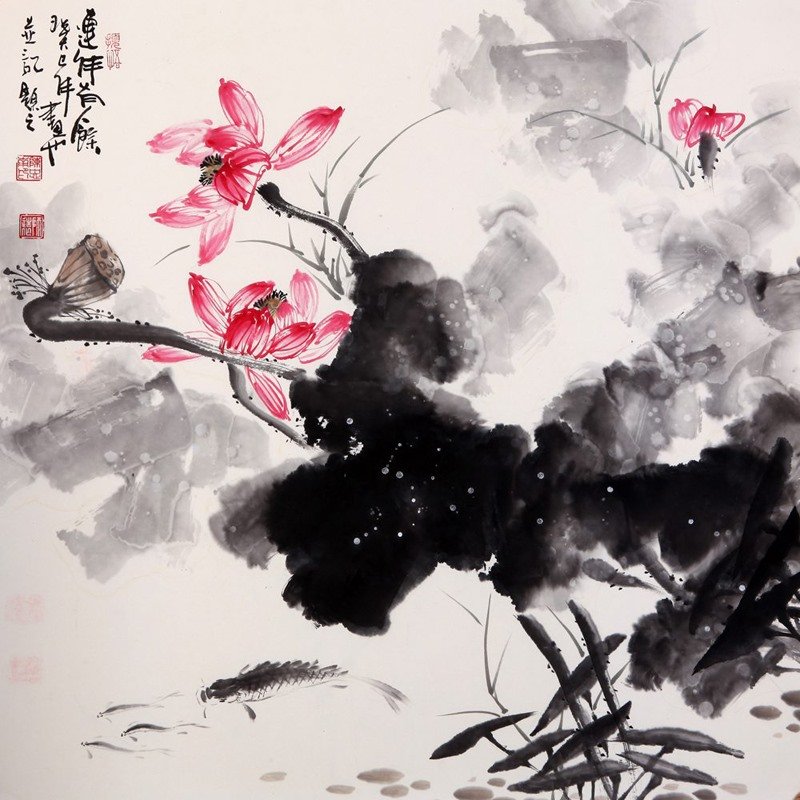 国画陈忠南连年有余国画花鸟画水墨写意江南渔父荷花鱼斗方返回商品页