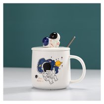 创意ins星空宇航员礼物水杯卡通陶瓷马克杯带盖勺家用牛奶咖啡杯kb6(白宇航员+勺盖(普通装))