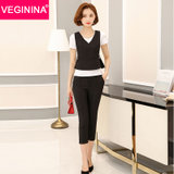 VEGININA 韩版短袖T恤背心马甲九分裤三件套时尚套装 9460(黑色 S)