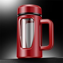 大容量加厚塑玻杯 带把办公泡茶水杯 塑料双层玻璃杯580ML(红色)