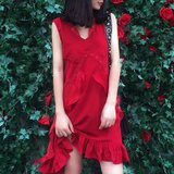 V领红色雪纺连衣裙气质显瘦2018夏季新款无袖荷叶边裙子(红色(如图) S)