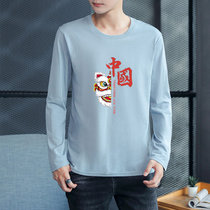 男士2021年秋季新款纯色印花T恤时尚都市潮流韩版百搭青春流行长袖(蓝色 XL)