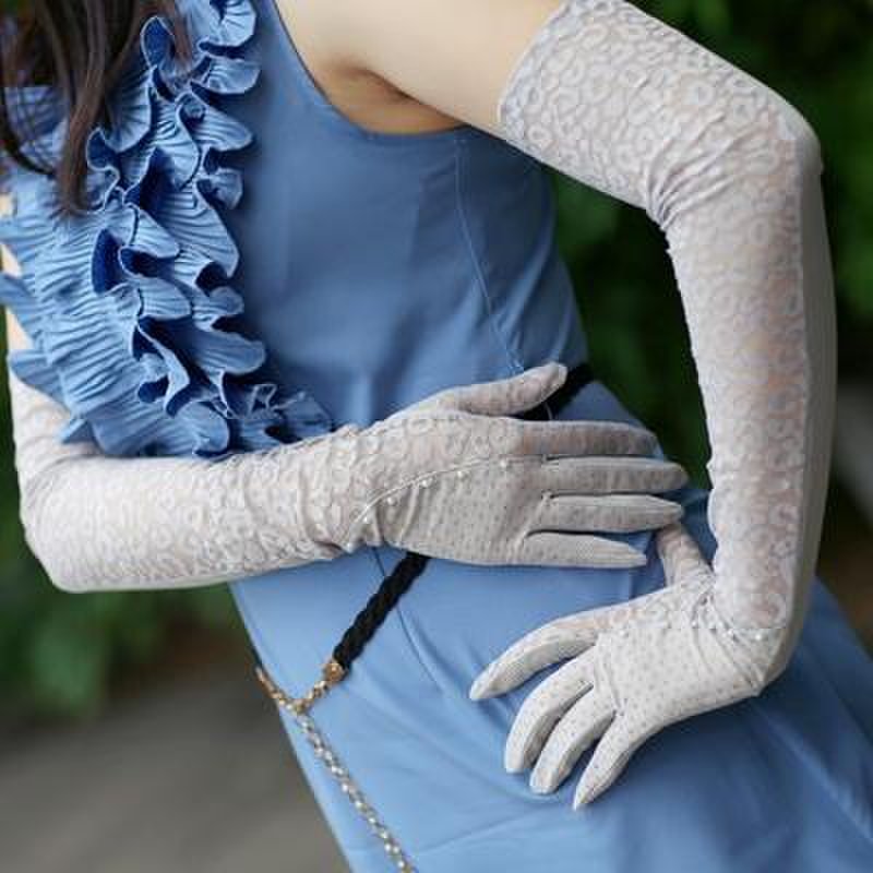 蕾丝豹纹珍珠长款防滑防晒手套(灰色)