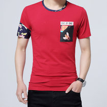 NAKECY夏季青少年印花圆领短袖t恤男士半袖上衣韩版修身学生大码打底衫(红色 5XL)