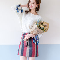 Mistletoe2017冬季新款女装韩版流苏长袖针织衫圆领纯色打底毛衣(白色 L)