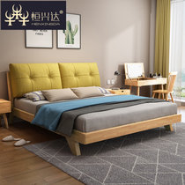 恒兴达 全实木床北欧床1.5m1.8米双人床软靠床简约现代中式家具主卧床(1.8*2米原木色 单床)