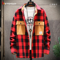 波梵森2021春季新款衬衫男 小方格长袖韩版潮流外套 宽松格子衬衣(红黑格子 M)