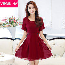 VEGININA 新款时尚修身气质显瘦短袖连衣裙 9525(酒红色 XXL)