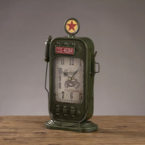 莎芮 欧美式复古铁艺加油站模型钟表座钟创意客厅卧室静音时钟台钟摆件(F03C绿色)