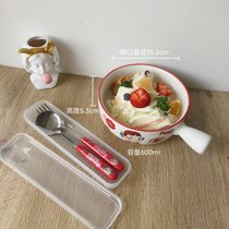 韩版ins风陶瓷泡面碗宿舍用学生可爱麦片沙拉甜品碗大容量手柄碗(不二家碗标准款+勺叉套装)