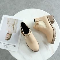 2017时尚学院风粗跟中跟厚底绒里圆头女士休闲短靴女靴米白黑色(39)(黑色)