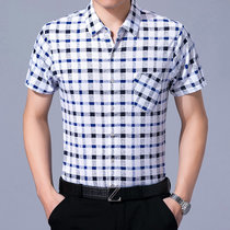 夏季中年男士短袖格子衬衫 宽松薄款纯棉免烫衬衣男 爸爸装带口袋YXL73-165 163 164 166(蓝色163)