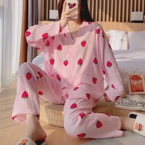 SUNTEK加肥加大码月子服薄款产后孕妇睡衣哺乳衣透气吸汗棉纱水洗棉(粉色-V领草莓绉布月子服)