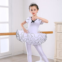 儿童舞蹈服装女童春夏长短袖表演出服芭蕾舞裙幼儿练功考级服(短袖白色连体裙 66)(160码)