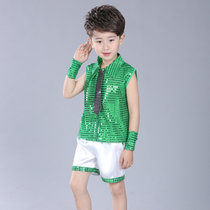 六一儿童演出服幼儿园舞蹈服装女童蓬蓬纱裙少儿爵士舞亮片表演服(亮片男孩绿色)(150cm)