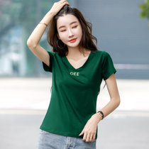v领短袖t恤女2022年新款夏季修身绿色上衣时尚纯棉半袖体恤衫(墨绿 XL)