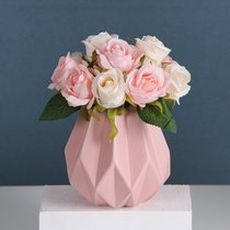 北欧陶瓷折纸花瓶莫兰迪花器仿真花艺玫瑰套装客厅玄关装饰摆件(粉花瓶+粉色12头把束玫瑰)