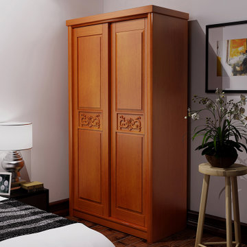 祥融衣柜简约现代实木双门推拉衣柜卧室家具大衣橱组合衣柜海棠色