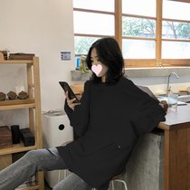 SUNTEK港风ins长袖t恤女早春内搭打底衫韩版宽松中长款慵懒风chic上衣潮(M 黑色)