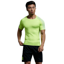 并力运动套装夏季新款男短袖圆领运动训练休闲健身紧身服户外跑步服两件套(竖三杆绿 XL 180-190)