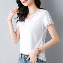 纯棉v领短袖t恤女2022年新款夏季女装修身气质品牌半袖上衣体恤衫(白色 L)