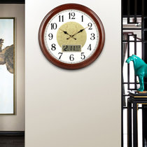 汉时（Hense)欧式客厅双屏幕实木挂钟复古简约装饰静音挂钟HW03(棕色金属表盘)