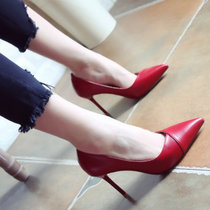 红色婚鞋2018春季新款欧美风尖头鞋显瘦细跟高跟鞋时尚单鞋女鞋子(39)(红色)