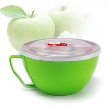 不锈钢泡面碗韩式带盖大号便当盒双层隔热防烫方便面碗汤面碗(绿色)