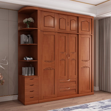 雕花现代卧室大衣橱简约原木推拉门加顶储物柜小户型海棠色衣柜边柜