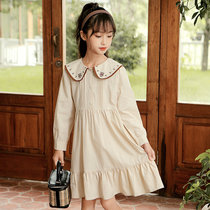 巴洛尼莫娃娃领杏色日系女童连衣裙长袖收腰复古儿童裙子收腰荷叶边连衣裙(160 黄色)