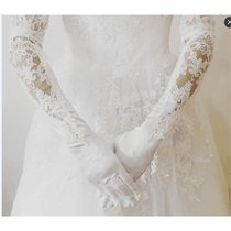 新娘蕾丝钉珠碎花结婚手套有指冬季手套长款婚礼婚纱礼服配件(纯白)