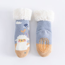 秋冬加绒加厚羊羔绒婴儿冬鞋袜厚袜子防滑保暖珊瑚绒学步地板袜(蓝色小羊 S码)