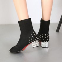 2017时尚百搭磨砂绒里柳钉粗跟中跟方跟方头女士中筒靴马靴女靴(39)(黑色)