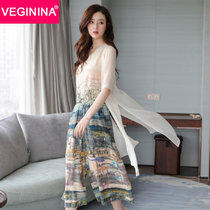 VEGININA 韩版气质雪纺印花阔腿裤三件套 D6051(图片色 XXXL)