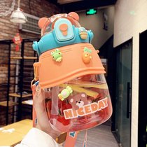 创意可爱小熊水杯女大容量塑料杯子便携学生吸管大肚杯网红水壶瓶(橘红1300ml 送3D贴纸+吸管刷)