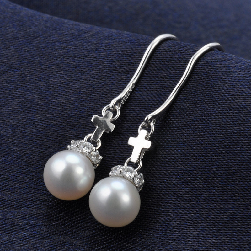 宝石珍珠千足珠宝圣托里尼近圆无瑕7mm天然淡水珍珠银耳饰耳坠耳钩