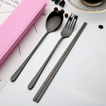 筷子勺子 304不锈钢餐具组合三件套学生便携餐具韩式叉子成人套装(宝石黑（勺+叉+筷子+粉红盒） 默认版本)