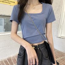 SUNTEK方领t恤短袖2022新款女装夏季纯色短款修身上衣服辣妹风ins潮(M 70~100斤 雾霾蓝 短袖)